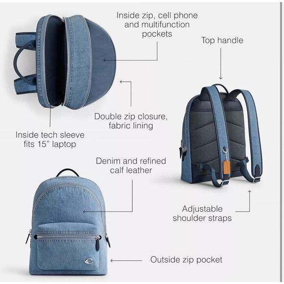 NWT Coach CR764 Charter Denim Large Backpack - Picture 6 of 9